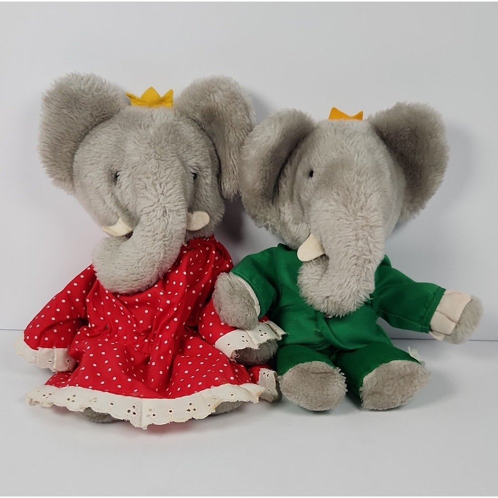 Vintage 1977 Eden Toys Babar & Celeste Plush Elephant Set King Queen 11.5"